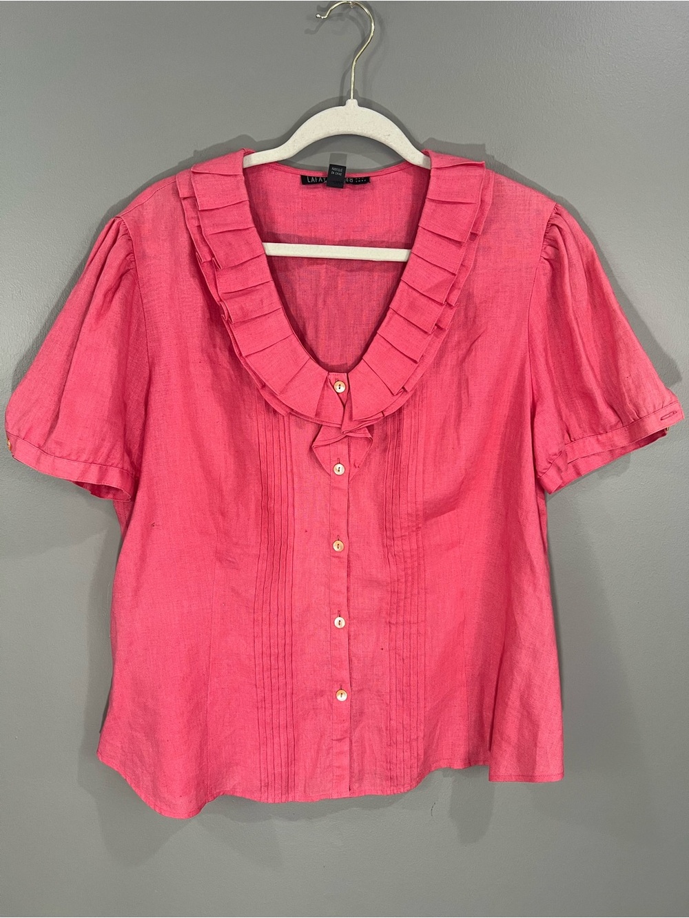 Lafayette 148 100% Linen Pink Ruffled Collar Button-Front Blouse size 14